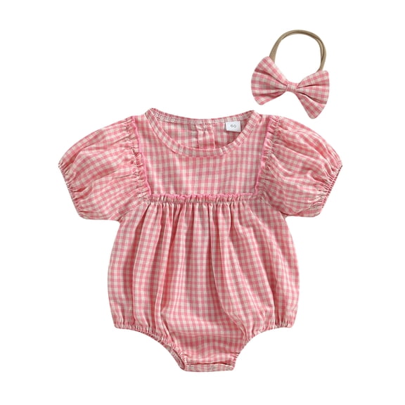 Musuos Baby Girl 2Pcs Summer Outfits, 3M 6M 12M 18M Short Puff Sleeve Plaid Print Romper with Bow Headband Set Cute Clothing
