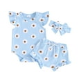 thumbnail image 1 of Musuos Baby Girl 3 Piece Summer Outfits 3M 6M 12M 18M Daisy Print Fly Sleeve Romper and Ruffle Elastic Shorts Headband Set, 1 of 10