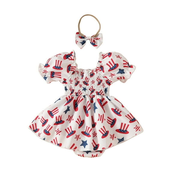 Musuos Baby Girl 4th of July Outfit, 3 6 9 12 18Months Star Print Puff Sleeve Shirred Romper Dress Bow Headband Summer Set for Infant