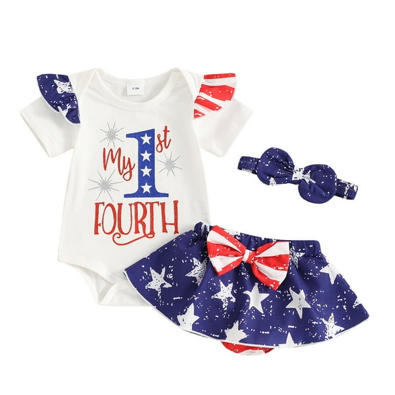 Musuos Baby Girl 4th of July Outfit, 3M 6M 12M 18M Letter Print Short Sleeve Romper Elastic Waist Skirt Shorts Bow Headband Summer Set