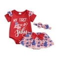 thumbnail image 1 of Musuos Baby Girl 4th of July Outfit, 3M 6M 12M 18M Letter Print Short Sleeve Romper Elastic Waist Skirt Shorts Bow Headband Summer Set, 1 of 10