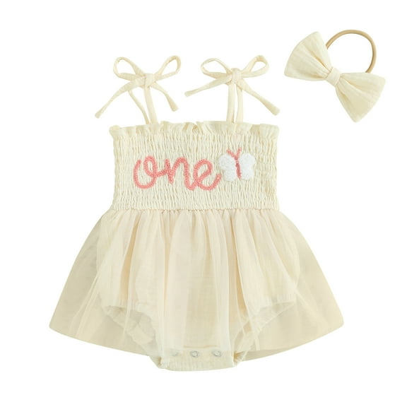Musuos Baby Girl Birthday Outfit, 3 6 9 12 18M Sleeveless Letters Tie-up Romper Dress with Bow Hairband Summer Clothes