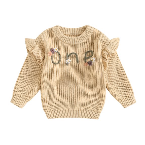 Musuos Baby Girl Birthday Sweater 6M 12M 18M Casual Floral Letter Embroidery Warm Knitted Pullover Infant Knitwear