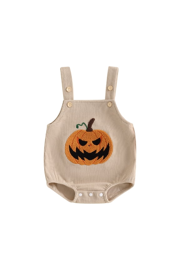 Baby Girl Boy Halloween Overalls 0-18M Pumpkin Embroidery Sleeveless Corduroy Romper for Fall