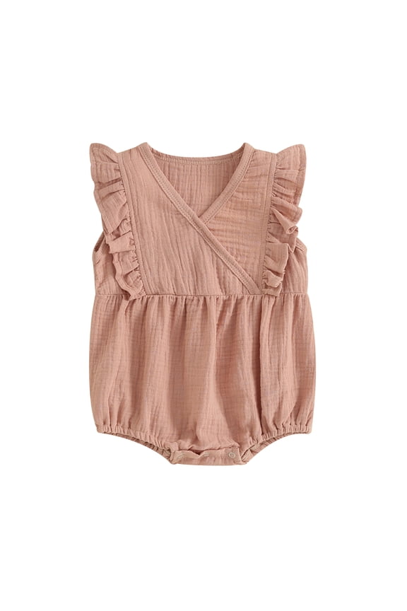 Baby Girl Bubble Romper 3 6 12 24M Sleeveless Wrap V Neck Solid Color Bodysuit Newborn Clothes