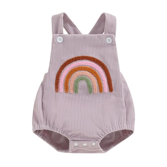 Musuos Baby Girl Corduroy Romper Overalls 0-12M Rainbow/Strawberry Embroidery Sleeveless Jumpsuit