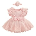 thumbnail image 1 of Musuos Baby Girl Cute Summer 2 Piece Outfits 3 6 12 18 M Mesh Lace Patchwork Ruffle Princess Romper Dress and Headband, 1 of 10