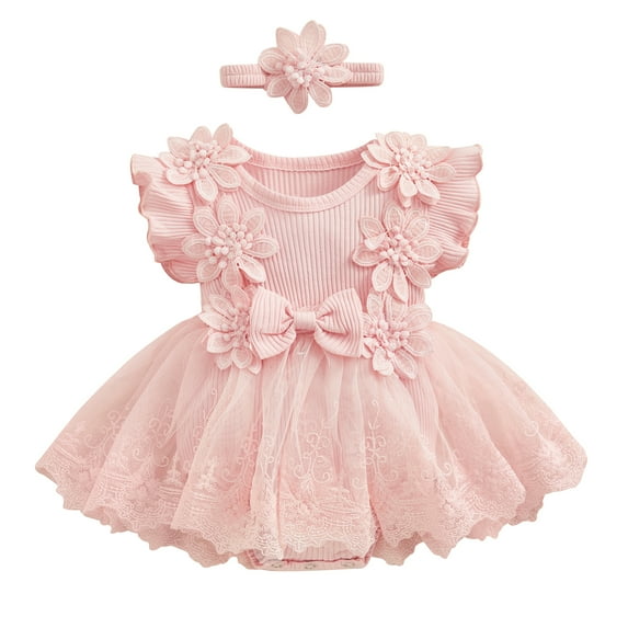 Musuos Baby Girl Cute Summer 2 Piece Outfits 3 6 12 18 M Mesh Lace Patchwork Ruffle Princess Romper Dress and Headband