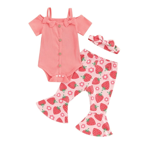 Musuos Baby Girl Cute Summer Outfits 3 6 9 12 18M Short Sleeve Spaghetti Strap Bow Romper with Flare Pants and Bow Headband