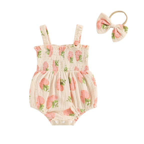 Musuos Baby Girl Cute Summer Romper Set 3M 6M 12M 18M Sleeveless Fruit/Floral Print Smocked Playsuit with Bow Headband Set