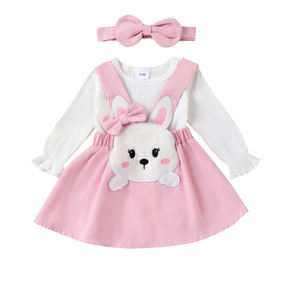 Musuos Baby Girl Easter 3 Piece Set, 3 6 9 12 18M Round Neck Long Sleeve Ribbed Romper Rabbit Patch Suspender Skirt Headband