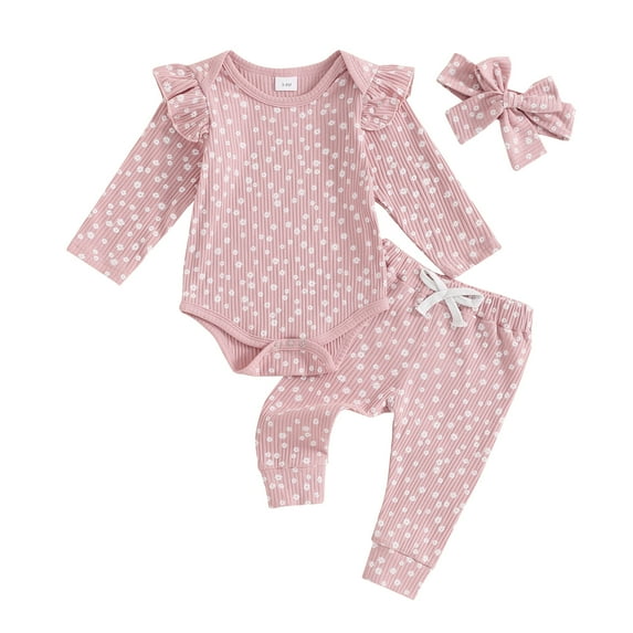Musuos Baby Girl Fall Casual Outfit, 3M 6M 12M 18M Floral Long Sleeve Ribbed Romper Bow Pants Headband 3 Piece Set