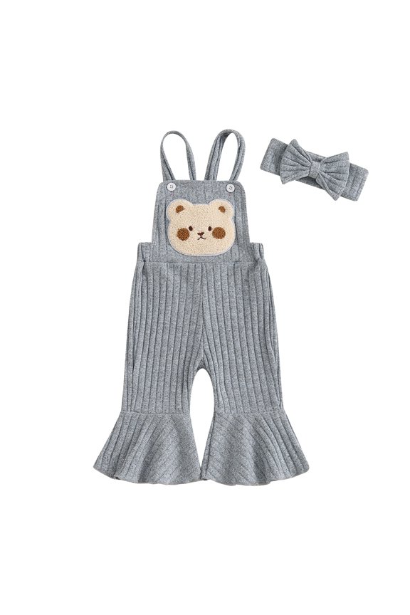 Baby Girl Fall Cute Overalls 3M-24M Bear Embroidery Sleeveless Flared Romper Jumpsuit and Headband Set