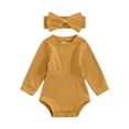 thumbnail image 1 of Musuos Baby Girl Fall Outfit, 3 6 9 12 18 Months Solid Color Round Neck Long Sleeve Ribbed Romper Bow Headband 2 Piece Set, 1 of 9