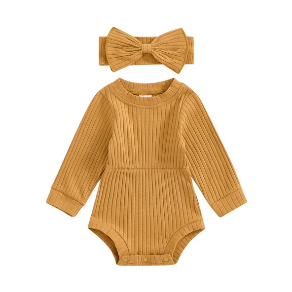 Musuos Baby Girl Fall Outfit, 3 6 9 12 18 Months Solid Color Round Neck Long Sleeve Ribbed Romper Bow Headband 2 Piece Set
