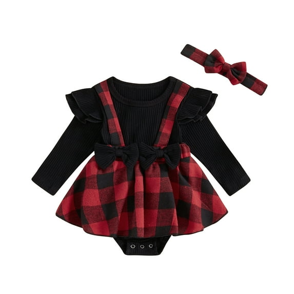 Musuos Baby Girl Fall Outfits, 0-18M Plaid Long Sleeve Ribbed Romper Dress + Bow Headband 2 Piece Set