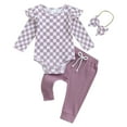 thumbnail image 1 of Musuos Baby Girl Fall Outfits 3M 6M 9M 12M 18M Checkerboard Print Long Sleeve Romper Solid Color Long Pants Headband 3Pcs Clothes Set, 1 of 9