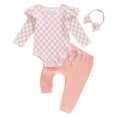 thumbnail image 1 of Musuos Baby Girl Fall Outfits 3M 6M 9M 12M 18M Checkerboard Print Long Sleeve Romper Solid Color Long Pants Headband 3Pcs Clothes Set, 1 of 9