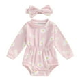 thumbnail image 1 of Musuos Baby Girl Fall Romper 0-18Months Sunflower Print Long Sleeve Crew Neck Jumpsuit with Headband 2 Pcs Set, 1 of 8