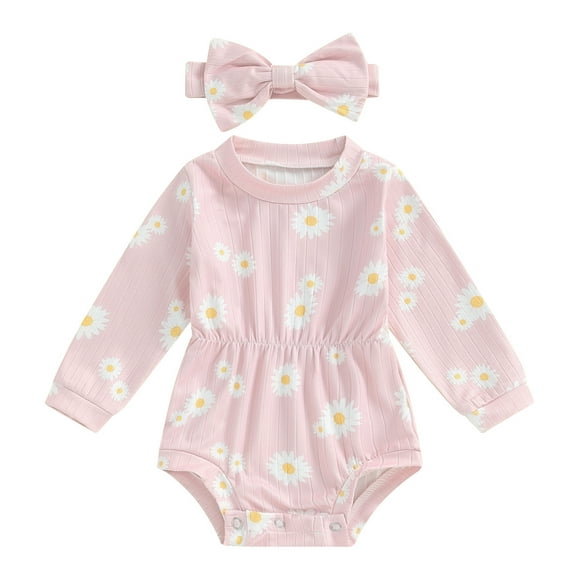Musuos Baby Girl Fall Romper 0-18Months Sunflower Print Long Sleeve Crew Neck Jumpsuit with Headband 2 Pcs Set