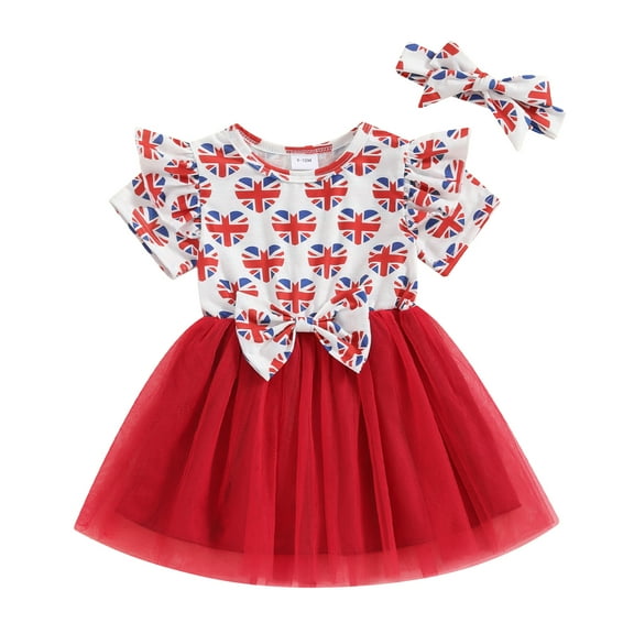 Musuos Baby Girl Independence Day Set, 6M 12M 18M 24M 3Y Union Jack Print Short Sleeve Tulle Dress Bow Headband Toddler Summer Outfits