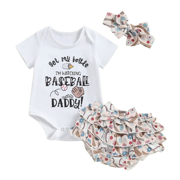 Musuos Baby Girl Outfit 3 6 12 18Months Short Sleeve Letter Print Romper with Baseball Pattern + Tiered Ruffled Shorts + Headband