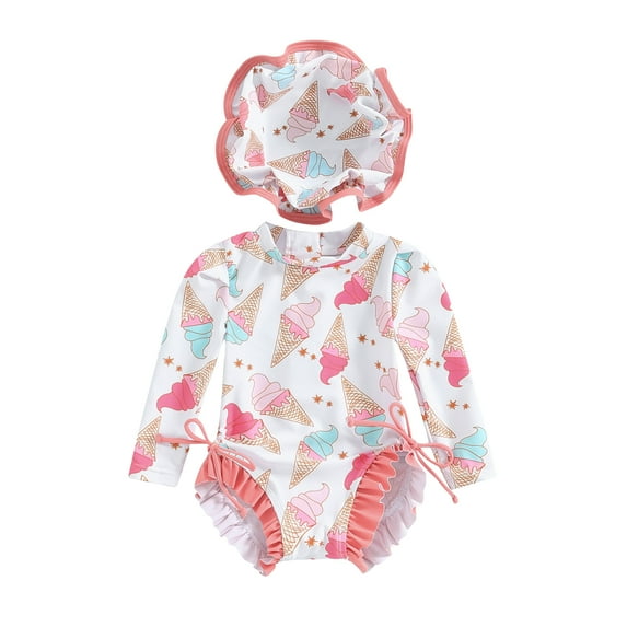 Musuos Baby Girl Rash Guard Swimsuit 0-24Months Long Sleeve Floral/Ice Cream Print Bathing Suit Infant Swimwear with Sun Hat