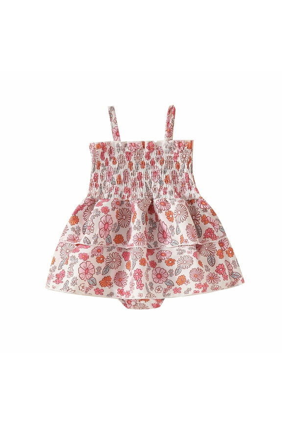 Baby Girl Shirred Romper Dress 0-18M Cute Daisy Strawberry Print Spaghetti Strap Layered Hem Jumpsuit Toddler Summer Clothes