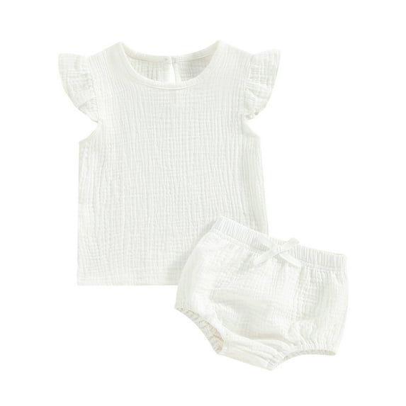 Musuos Baby Girl Shorts Outfit 6M 12M 18M 24M Solid Color Fly Sleeve Crew Neck T-Shirt with Elastic Shorts 2 Pcs Summer Clothes