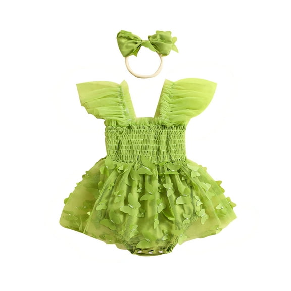 Musuos Baby Girl Summer 2Pcs Romper Outfit 3 6 12 18 24Months Fly Sleeve Tulle Butterfly Cute Romper Dress with Bow Headband