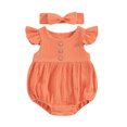 thumbnail image 1 of Musuos Baby Girl Summer Clothes Set 3M 6M 12M 18M Round Neck Fly Sleeve Solid Color Romper + Bow Headband Newborn Infant 2 Piece Set, 1 of 10