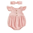 thumbnail image 1 of Musuos Baby Girl Summer Clothes Set 3M 6M 12M 18M Round Neck Fly Sleeve Solid Color Romper + Bow Headband Newborn Infant 2 Piece Set, 1 of 10