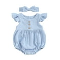 thumbnail image 1 of Musuos Baby Girl Summer Clothes Set 3M 6M 12M 18M Round Neck Fly Sleeve Solid Color Romper + Bow Headband Newborn Infant 2 Piece Set, 1 of 10