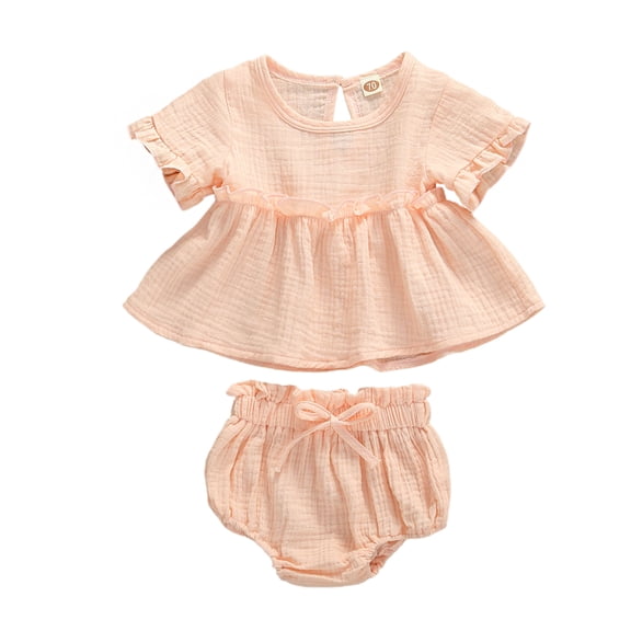 Musuos Baby Girl Summer Clothes Set 6M 12M 18M 24M Solid Color Ruffle Short Sleeve Top Stretch PP Shorts Set