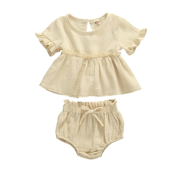Musuos Baby Girl Summer Clothes Set 6M 12M 18M 24M Solid Color Ruffle Short Sleeve Top Stretch PP Shorts Set