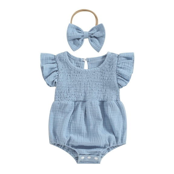 Musuos Baby Girl Summer Jumpsuit 3M 6M 12M 18M Solid Color Crew Neck Fly Sleeve Romper and Bow Headband Set Cute Clothing