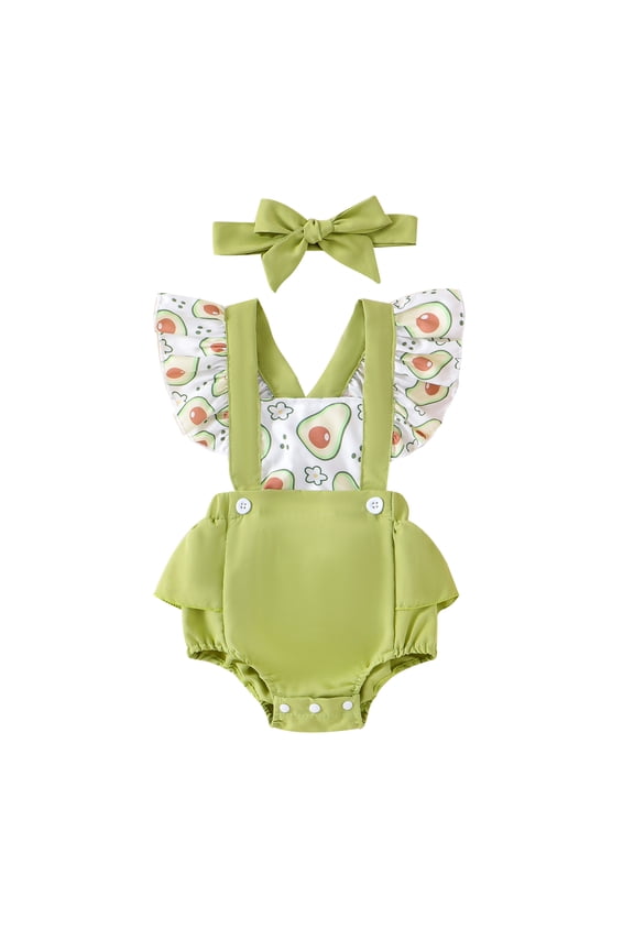 Baby Girl Summer Outfit, 0-18M Strawberry Print Fly Sleeve Overalls Bow Headband 2 Piece Set for Infant Toddler