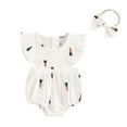 thumbnail image 1 of Musuos Baby Girl Summer Outfit, 3 6 12 18 24Months Fly Sleeve Cherry Carrot Print Romper with Bowknot Hairband 2 Piece Set, 1 of 10