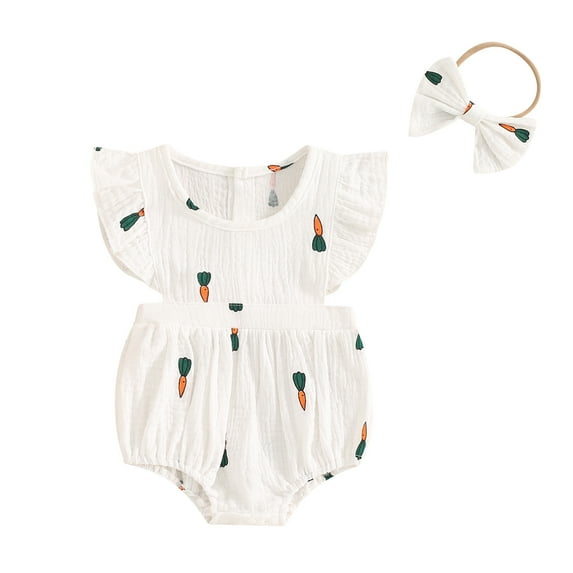 Musuos Baby Girl Summer Outfit, 3 6 12 18 24Months Fly Sleeve Cherry Carrot Print Romper with Bowknot Hairband 2 Piece Set