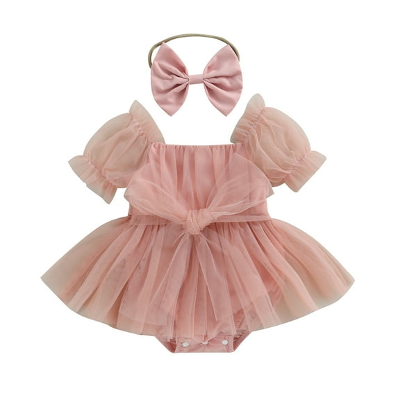 Musuos Baby Girl Summer Outfits, 6 12 18 24M Short Sleeve Bow Front Romper Tulle Dress with Headband Set 2Pcs Clothes