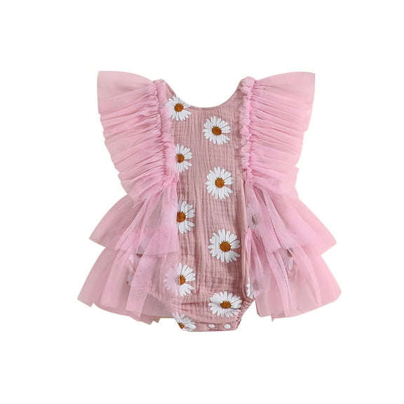 Musuos Baby Girl Summer Romper 3M -24M Casual Daisy Print Mesh Ruffles Jumpsuit for Newborn Toddler Kids Cute Clothes