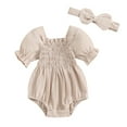 thumbnail image 1 of Musuos Baby Girl Summer Romper 3M 6M 9M 12M 18M Solid Color Puff Sleeve Ruffled Neckline Shirred Jumpsuit with Bow Headband for Infant, 1 of 10