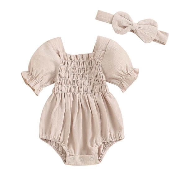 Musuos Baby Girl Summer Romper 3M 6M 9M 12M 18M Solid Color Puff Sleeve Ruffled Neckline Shirred Jumpsuit with Bow Headband for Infant