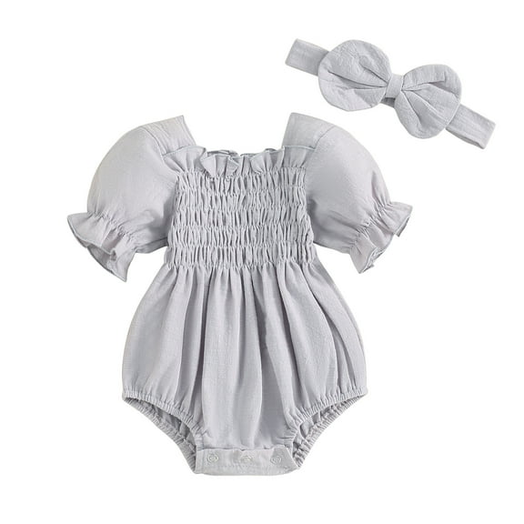 Musuos Baby Girl Summer Romper 3M 6M 9M 12M 18M Solid Color Puff Sleeve Ruffled Neckline Shirred Jumpsuit with Bow Headband for Infant