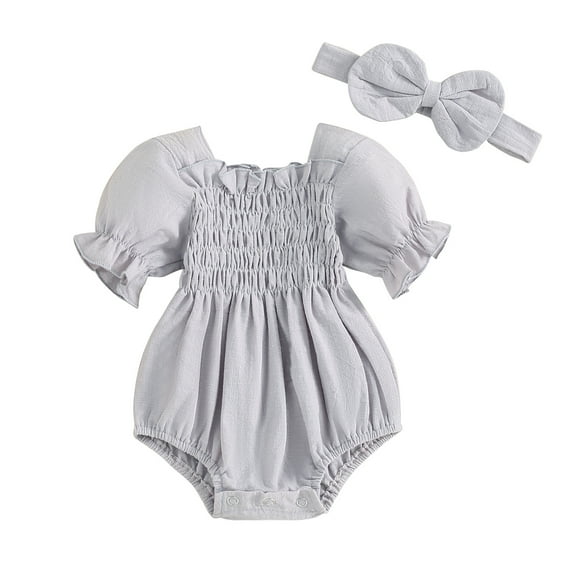 Musuos Baby Girl Summer Romper 3M 6M 9M 12M 18M Solid Color Puff Sleeve Ruffled Neckline Shirred Jumpsuit with Bow Headband for Infant
