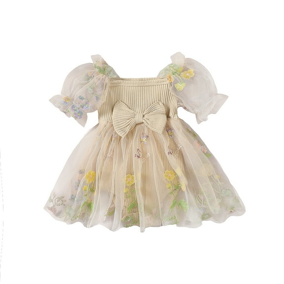 Musuos Baby Girl Summer Romper Dress 3M 6M 12M 18M 24M Short Puff Sleeve Bow Front Ribbed Bodysuit Newborn Cute Tulle Dress