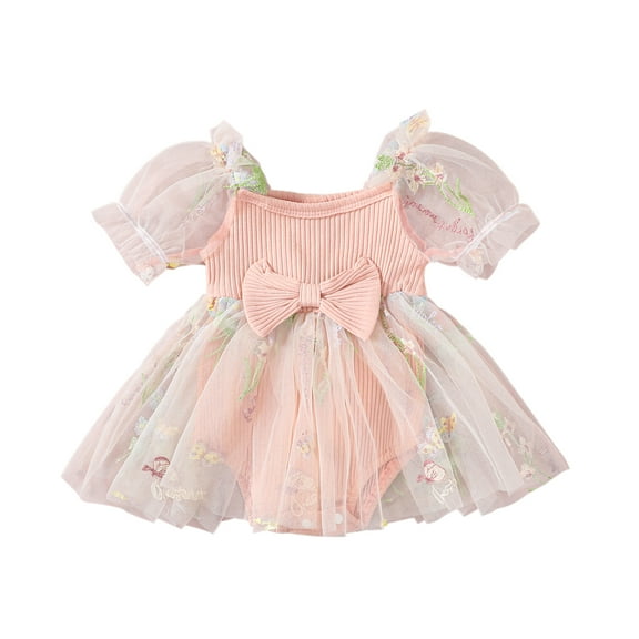 Musuos Baby Girl Summer Romper Dress 3M 6M 12M 18M 24M Short Puff Sleeve Bow Front Ribbed Bodysuit Newborn Cute Tulle Dress