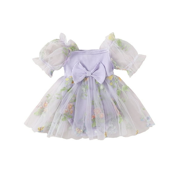 Musuos Baby Girl Summer Romper Dress 3M 6M 12M 18M 24M Short Puff Sleeve Bow Front Ribbed Bodysuit Newborn Cute Tulle Dress
