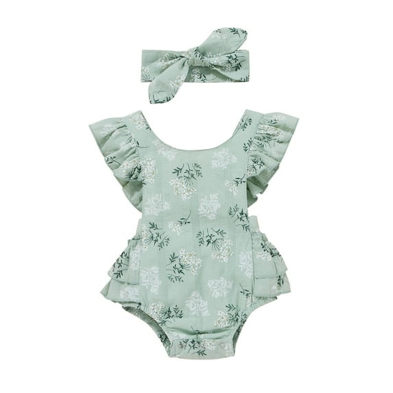 Musuos Baby Girl Summer Romper with Hairband, 6 12 18 24M Flower Print Round Collar Fly Sleeve Bodysuit+ Headband