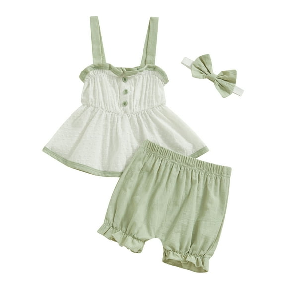 Musuos Baby Girl Summer Set, 6 12 18 24M 3T Square Neck Cami Tops Elastic Waist Frill Trim Shorts 3D Bow Headband